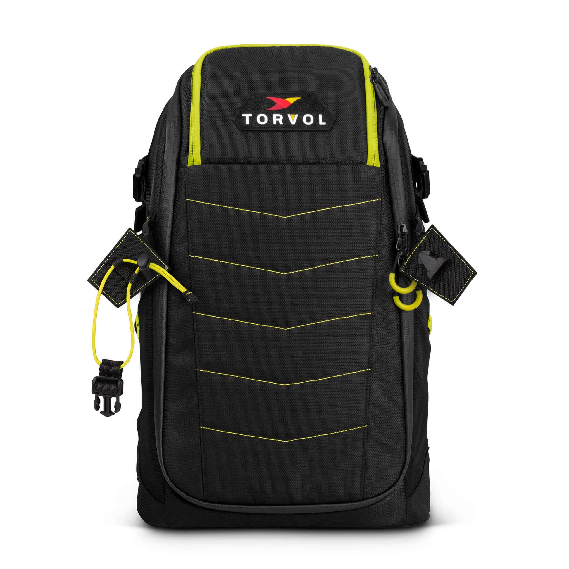 Torvol Quad Strap – Attached to Backpack with Open Elastic and Buckles Visible, Front View