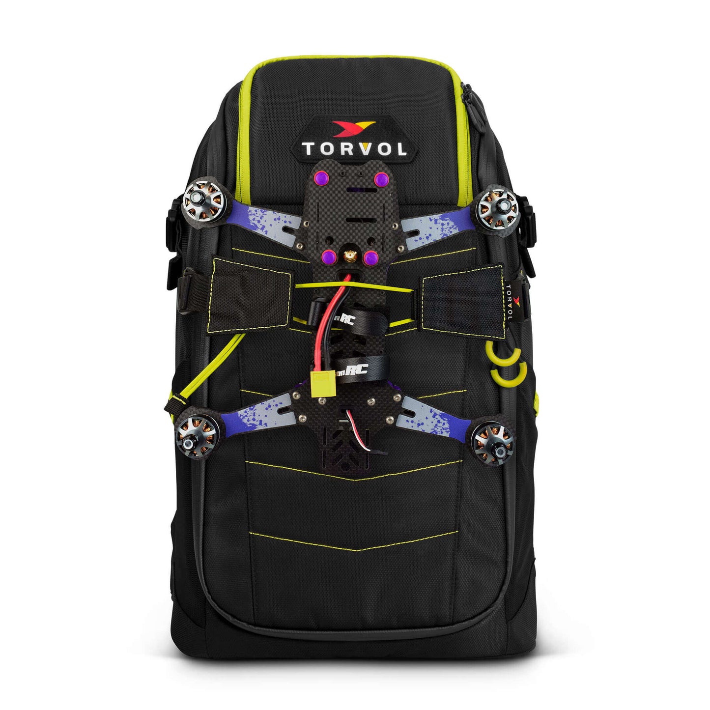 Torvol Quad Strap – Attached to Backpack Holding Model Drone, Front View