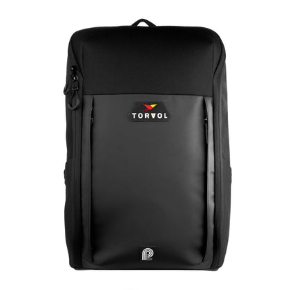 Torvol Urban Drone Backpack – Front View with Embroidered Logo Patch and Zipper, Black
