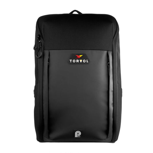Torvol Urban Drone Backpack – Front View with Embroidered Logo Patch and Zipper, Black
