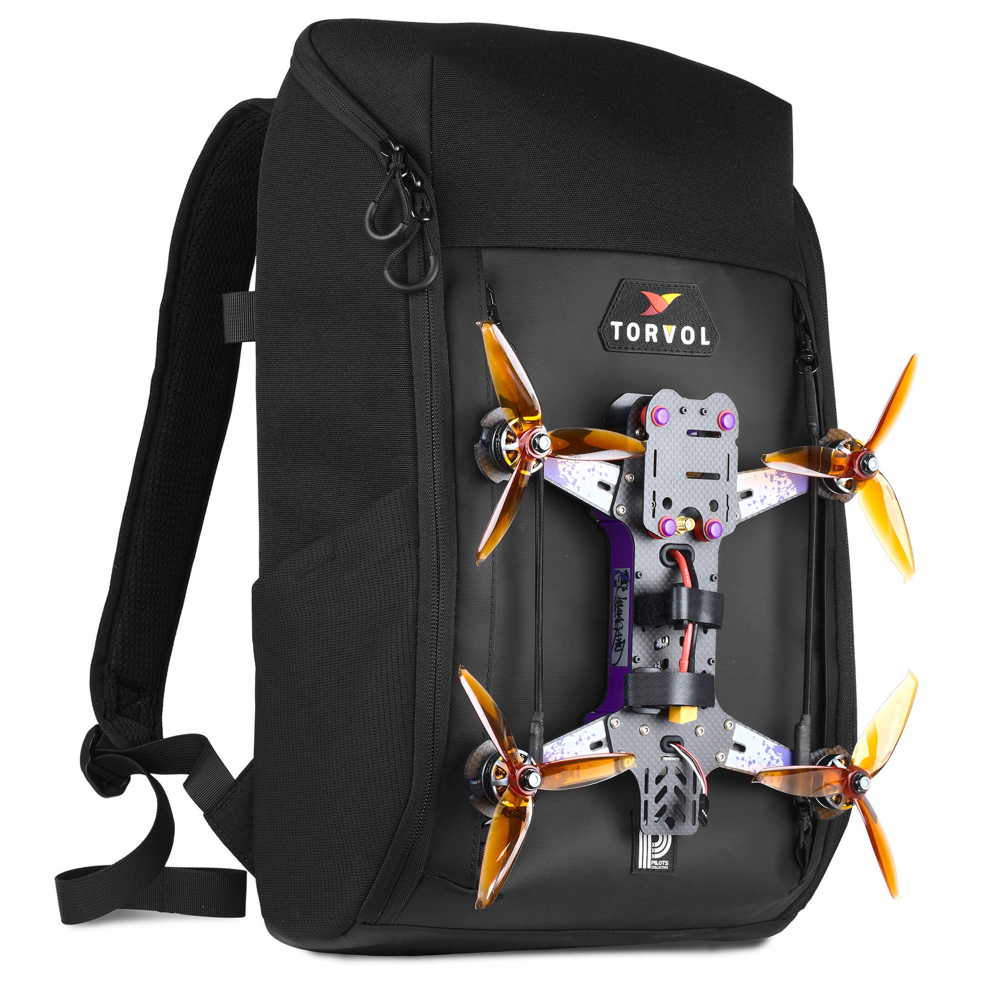 Torvol Urban Drone Backpack – Angled Right View with Embroidered Logo Patch, Zippers, Back Straps, and Model Drone