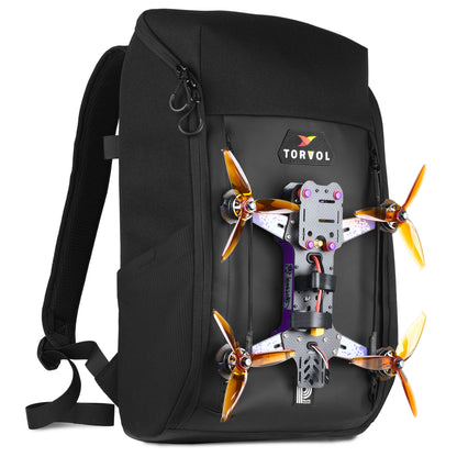 Torvol Urban Drone Backpack – Angled Right View with Embroidered Logo Patch, Zippers, Back Straps, and Model Drone