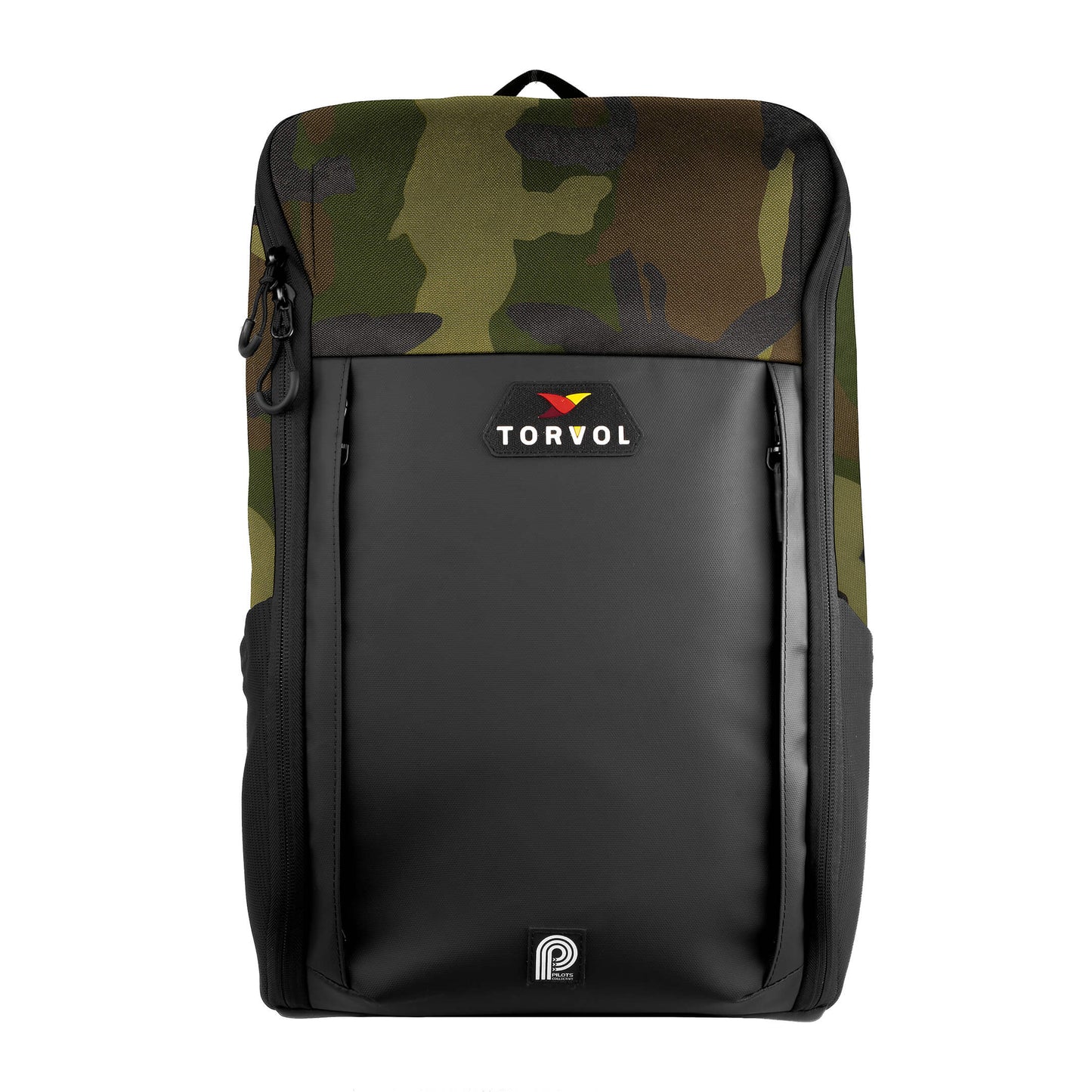 Torvol Urban Drone Backpack – Front View with Embroidered Logo Patch and Zipper, Camo