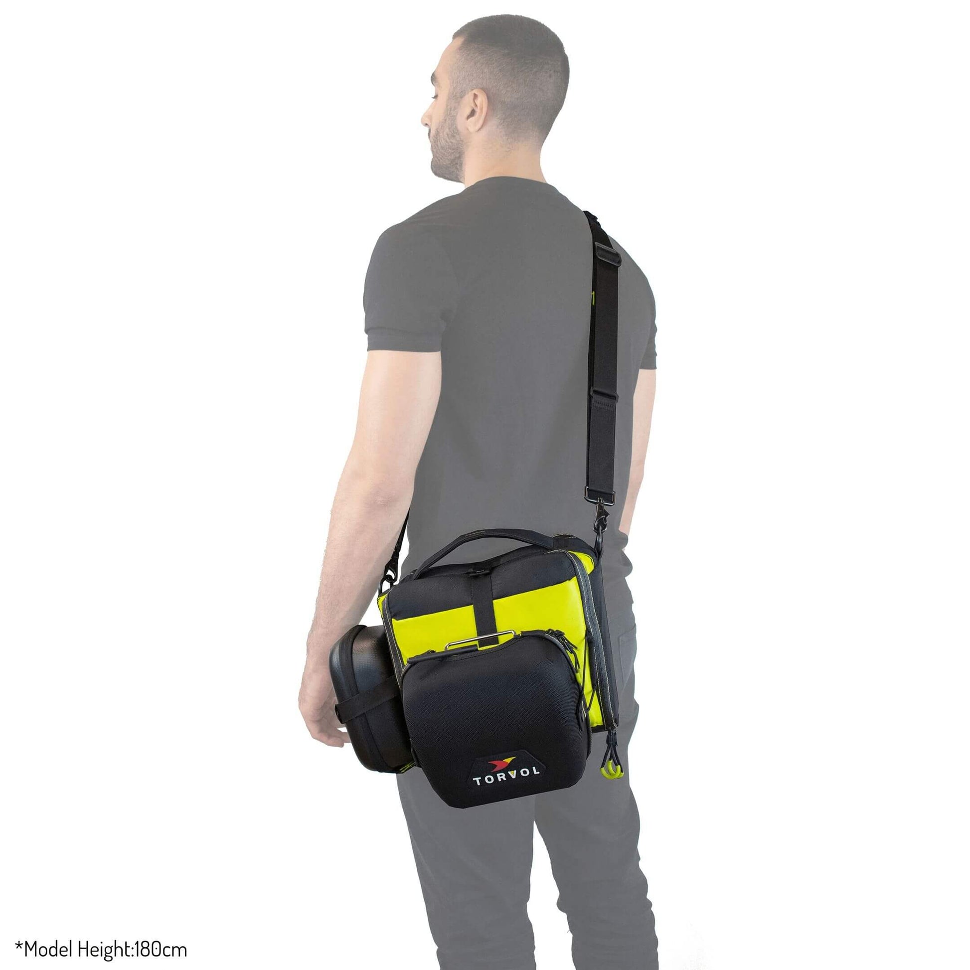 Torvol Freestyle Drone Bag – Back View with Example Bags Attached, Held by Person