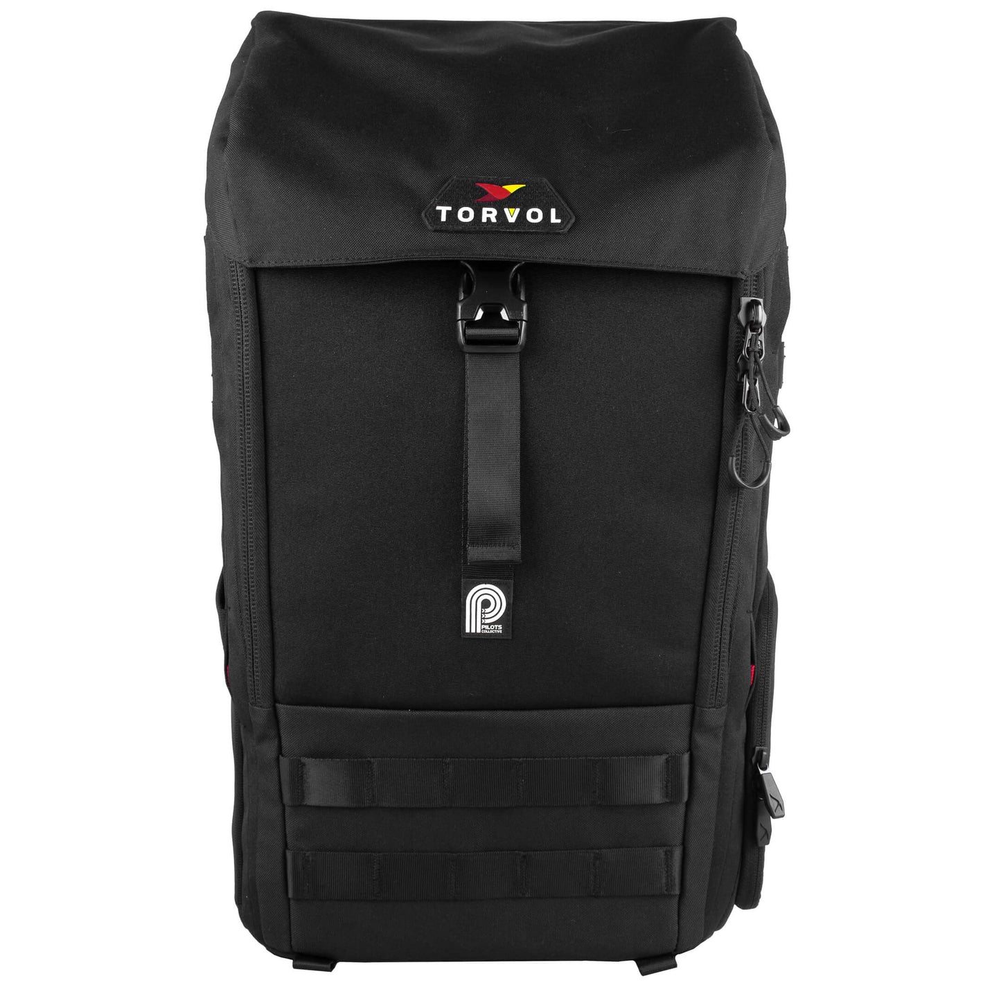 Torvol Urban Drone Carrier Backpack – Front View with Embroidered Logo, Zippers, and Attachment Loops, Black