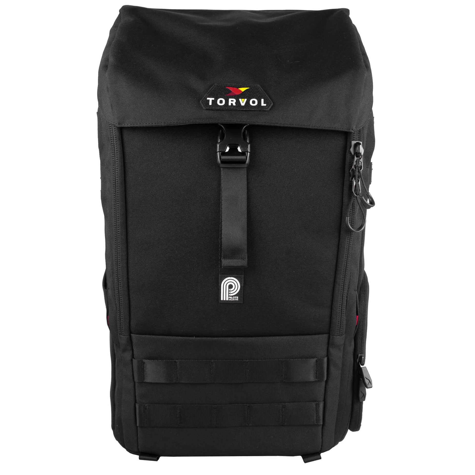Torvol Urban Drone Carrier Backpack – Front View with Embroidered Logo, Zippers, and Attachment Loops, Black