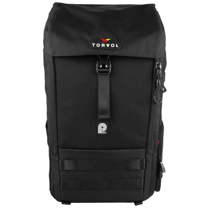 Torvol Urban Drone Carrier Backpack – Front View with Embroidered Logo, Zippers, and Attachment Loops, Black