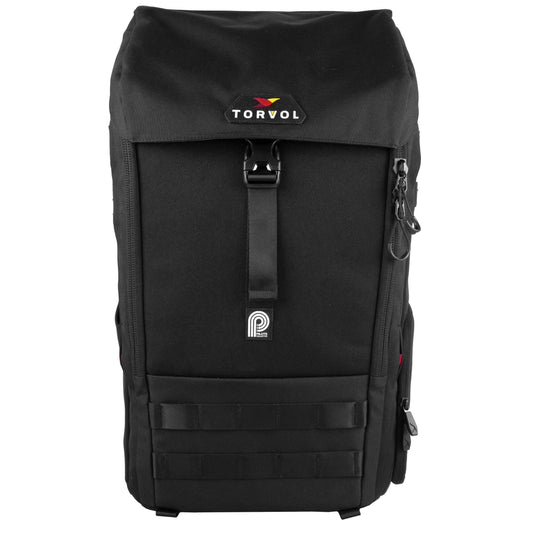 Torvol Urban Drone Carrier Backpack – Front View with Embroidered Logo, Zippers, and Attachment Loops, Black