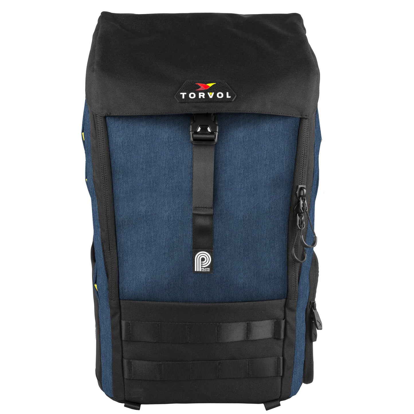 Torvol Urban Drone Carrier Backpack – Front View with Embroidered Logo, Zippers, and Attachment Loops, Blue