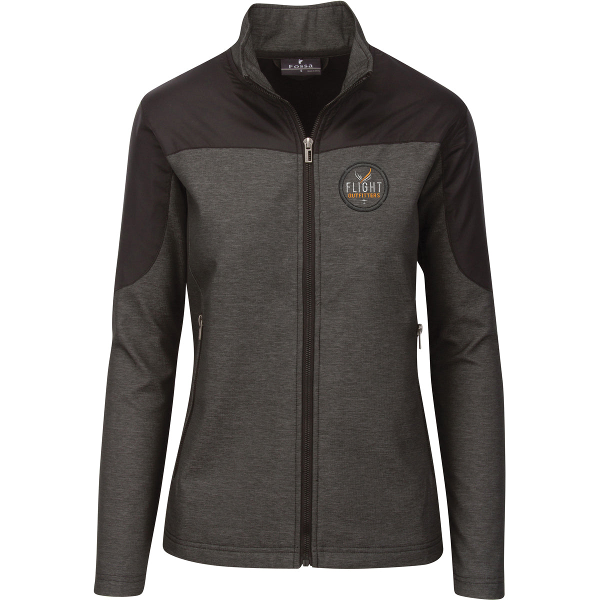 Flight Outfitters Women's Kodiak Jacket front view – dark gray heather fabric with black shoulders, full-zip, zippered pockets, embroidered logo