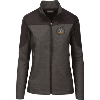 Flight Outfitters Women's Kodiak Jacket front view – dark gray heather fabric with black shoulders, full-zip, zippered pockets, embroidered logo