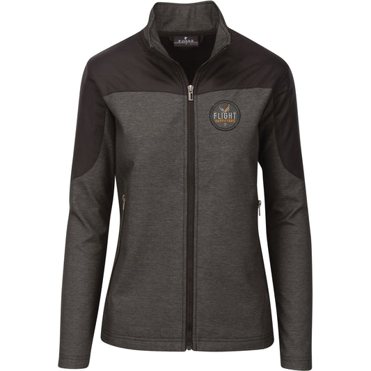 Flight Outfitters Women's Kodiak Jacket front view – dark gray heather fabric with black shoulders, full-zip, zippered pockets, embroidered logo