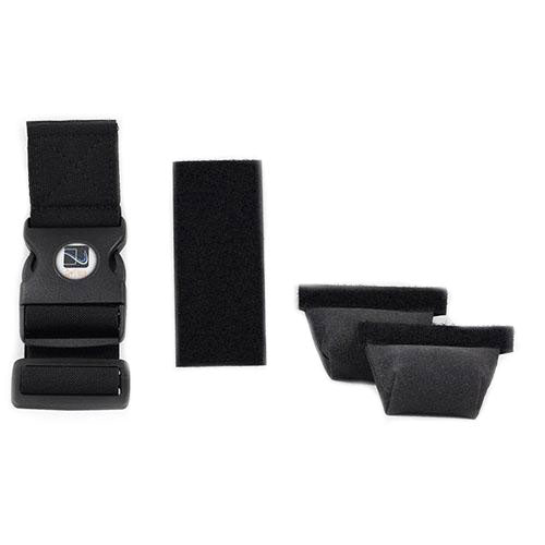 AppStrap® Kneeboard Conversion Kit components laid flat including Velcro®, leg strap, and tilt pads
