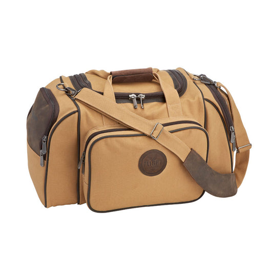 Front view of the Flight Outfitters Bush Pilot Duffel Bag, highlighting its rugged canvas and leather accents.